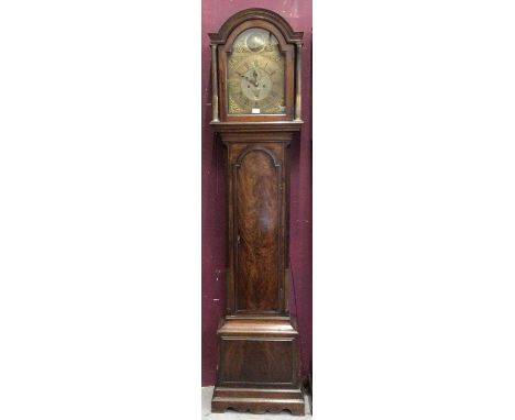 18th century 8-day longcase clock by John Roning, Newmarket with brass arched dial with engraved bird to arch, subsidiary sec