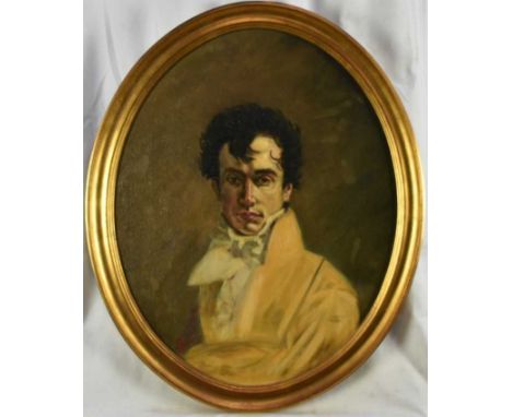 English School early 20th century, oil on canvas, a half length portrait of a young gentleman, overlaid on panel, in gilt fra