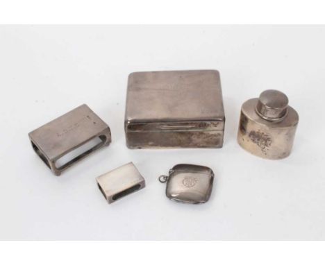 Selection of Victorian and later miscellaneous silver, including a tea caddy, a cigarette box, two match box covers, and a ve