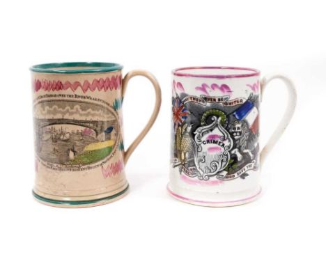 Two Sunderland lustre frog mugs, the first commemorating the Crimean War, the second by Moore &amp; Co and depicting the Cast