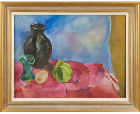 Dorothy Mead (1928-1975) oil on canvas - still life with black vase, dated '74, 46cm x 61cm, in painted framed. Dorothy was b