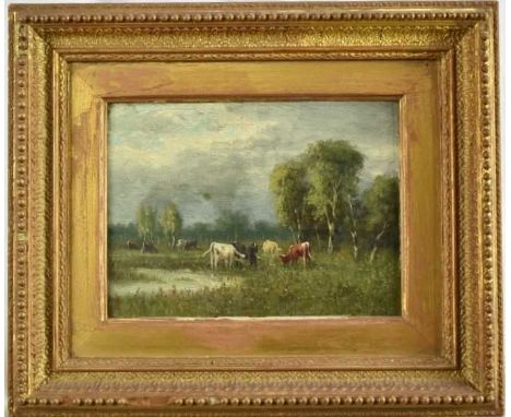 William Frederick Hulk (1852-c.1906) pair of late 19th century oils on canvas - rural landscapes with cattle watering, 15.5cm