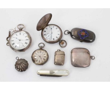 Group of late 19th/early 20th century silver items, to include three pocket watches, sovereign and half-sovereign holder, two