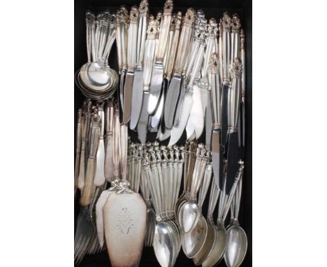 20th century Danish silver part table service of Georg Jensen, Acorn pattern cutlery, comprising 12 dinner forks, 9 dessert f