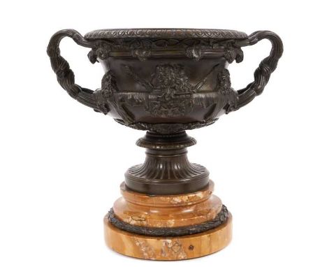 Grand Tour bronze Warwick vase, of typical squat form with bi-furcated handles on stepped marble socle base, 27cm highProbabl