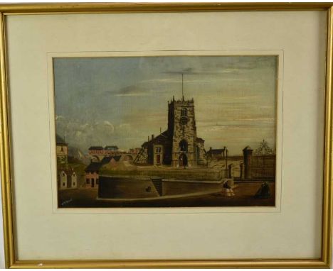 Mrs E. Worrell (act. 1870s), oil on canvas board, A view of Bolton Old Parish Church, signed, in gilt frame. 25 x 35cm.NB: A 