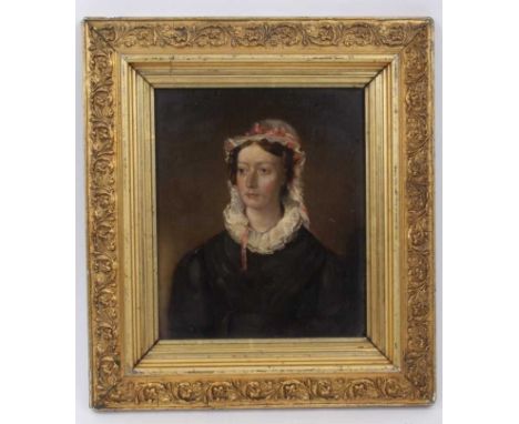 English School, circa 1820, oil on panel portrait of a lady with bonnet, apparently unsigned, 20 x 17cm, gilt frame 