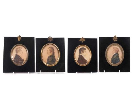 Group of four early 19th century watercolour portrait miniatures on paper, each depicting a Gentleman in profile, in oval gla
