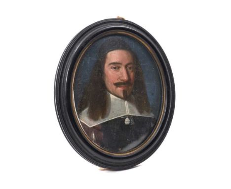 Rare mid-17th century miniature oil on copper, gentleman with white collar, oval, inscribed and indistinctly dated A.D. 1662 