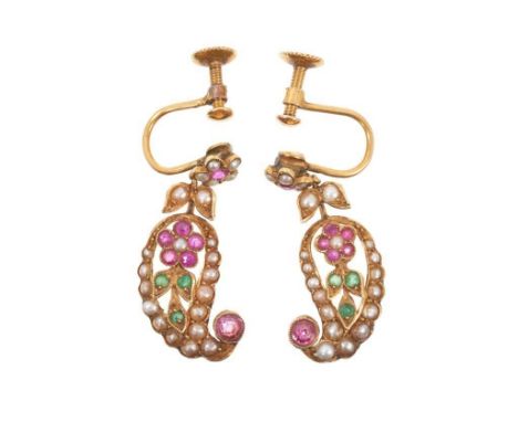 Pair of antique 18ct gold ruby, emerald and seed pearl paisley shaped pendant earrings with floral decoration, 26mm dropGood 