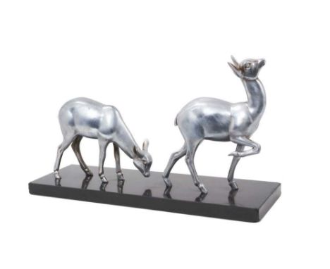 Irenee Rochard (1906-1984): Art Deco sculpture of two fawns on marble base, signed to the edge of the base ROCHARDtotal lengt
