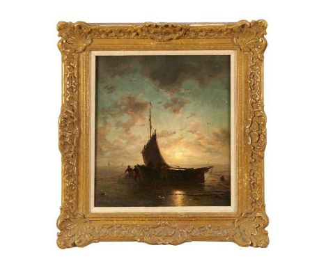 Attributed to John Moore of Ipswich (1820-1902) oil on panel - Unloading the catch by Moonlight, apparently unsigned, 31cm x 