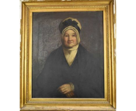 English School, early 19th century, oil on canvas - portrait of Mrs William Aberdeen, label verso, 76cm x 64cm, in original g