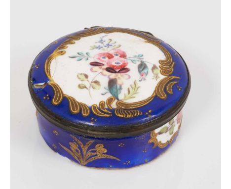 South Staffordshire round blue ground snuff box, circa 1780, with floral reserves, 6cm diameter
