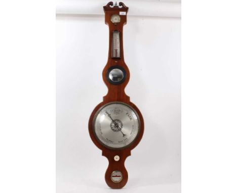 19th century mahogany barometer and thermometer with engraved silvered scale and convex mirror in mahogany case with inlaid s