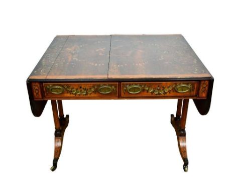 Regency rosewood, satinwood crossbanded and polychrome painted sofa table, allover painted with putto, swags and classical or