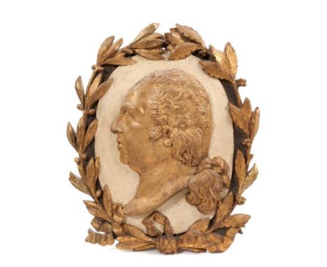 Early 19th century carved oak portrait bust of Louis XVIII in laurel wreath surround, 46cm high. Purchased Ross Hamilton Anti