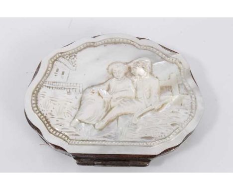 19th century French carved mother of pearl coin purse, of cartouche form with relief carved decoration of a courting couple, 