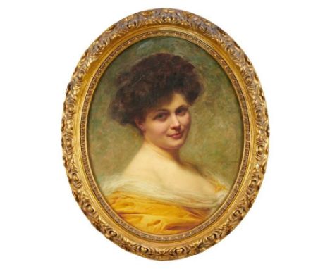 Edouard Cabane (1857-1942)  oil on canvas - oval portrait of a lady in yellow dress, signed and dated 1908, 60cm x 47cm, in g