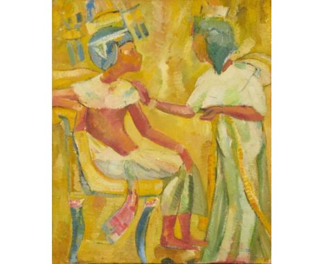 Dorothy Mead (1928-1975) oil on canvas - Ancient Egyptian figures, dated '72, 61cm x 51cm, unframed. Dorothy was born in Lond