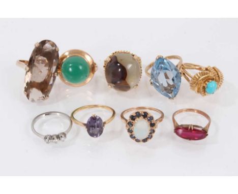 Nine gold and gem-set dress rings various18ct diamond three stone ring: platinum shank, 1.97 grams.Eight 9ct gold and higher 