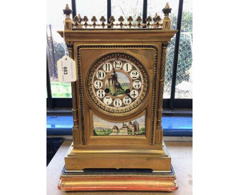 Mid-19th century French gilt brass gothic mantel clock with painted porcelain dial and panel signed West &amp; Son, Paris, Fr