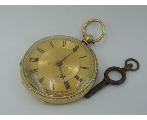 A Victorian 18ct gold key wound pocket watch stamped Geo Elliott Ashford no:78119, having Roman numeral dial to gold engraved