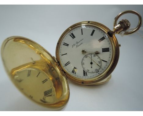 An 18ct gold hunter top wound pocket watch by JW Benson no:833831, having a Roman numeral dial and subsidiary seconds in a pl