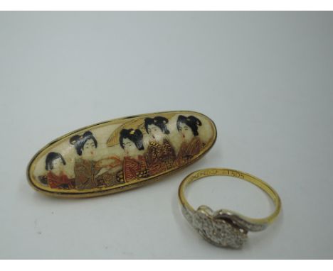 A Japanese satsuma ware brooch decorated with five Geisha in a yellow metal mount, and a diamond chip trilogy dress ring havi