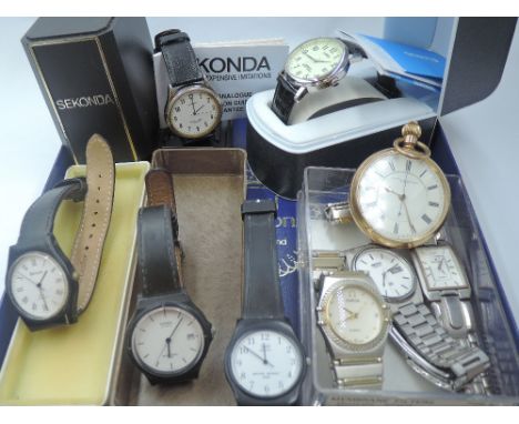 A selection of gent's wrist watches including Casio, Seiko, Sekonda etc and a gold plated pocket watch by Will E Halliwell of