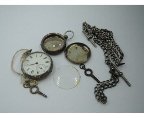 Two HM silver watch chains, a pocket watch case and key wound pocket watch, all AF, approx 75.3g &amp; watch