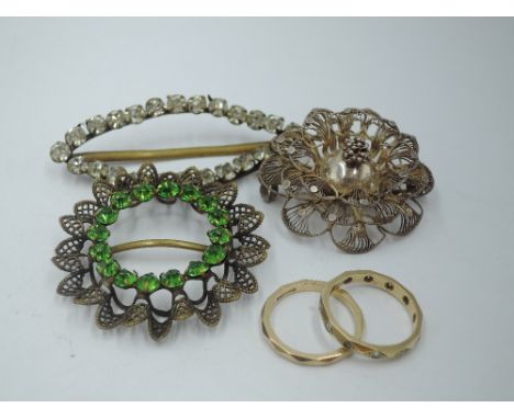 Two 9ct gold band rings, one having cubic zirconia decoration, size K/L &amp; approx 3.9g, two diamante buckles and a white m