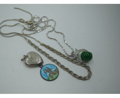 A small selection of white metal jewellery some stamped 925, including heart locket, plaited necklace (AF), enamelled St Chri