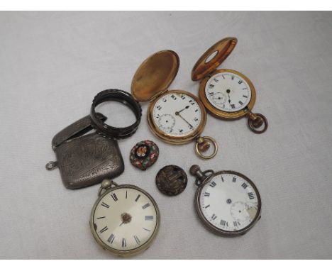 A small selection of HM silver and base metal items including silver pocket watch, mosaic brooch, gold plated hunter and half