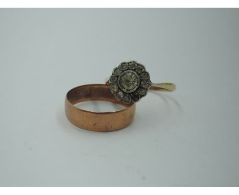 A 9ct rose gold wedding band, size P and a paste daisy cluster dress ring in a white metal mount on a yellow metal loop stamp