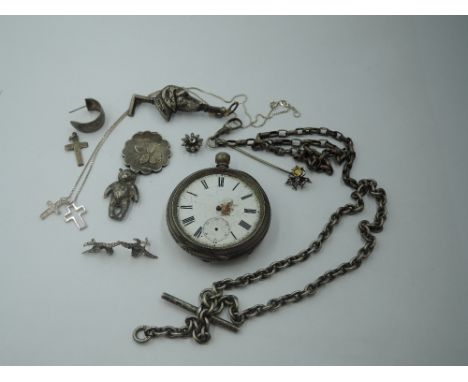 A small selection of HM silver and white metal jewellery, some stamped 800/silver including pocket watch, charms, watch chain