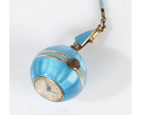 A Continental silver and turquoise enamel orb form pendant watch and chain, the white dial with Arabic numerals, manual wound