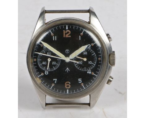A C.W.C. military chronograph wristwatch, the black dial with military broad arrow and capital T, Arabic numerals, outer minu