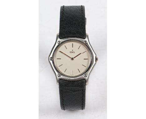 An Ebel stainless steel gentleman's wristwatch, the signed white dial with baton markers, quartz movement, the case 33mm wide