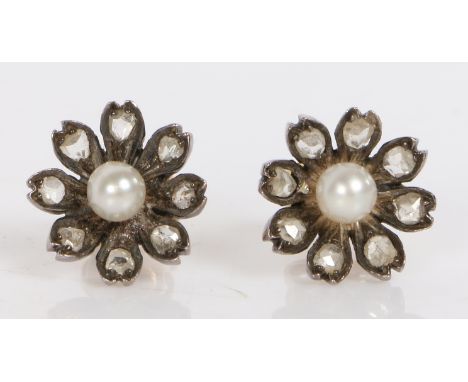 A pair of rose cut diamond and pearl earrings, of flower head form, the central pearls with eight diamond set petals, 3.6g