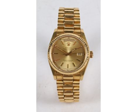A Rolex Oyster Perpetual Day-Date 18 carat gold gentleman's wristwatch, model no.18038, case no. 7498XXX, circa 1983, the sig