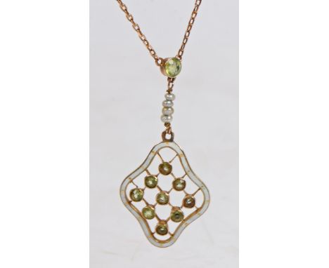 A 9 carat gold, peridot pearl and white enamel pendant necklace, the white enamel pendant with grid of nine round cut peridot