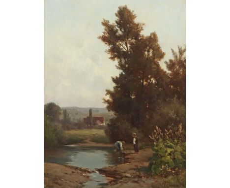 Puhonny, VictorPrag 1838 - 1909 Baden-Baden, deutscher Maler. "Zwei Buben am Teich", spätsommerliche Szene mit Bergkulisse, u