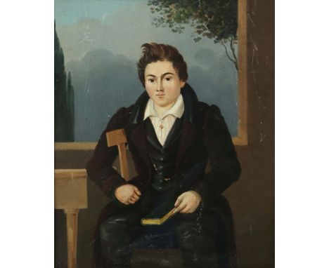 Maler des 19. Jh."Portrait eines Dichters", Bildnis eines jungen Mannes mit einem Buch vor Landschaftskulisse sitzend, nicht 