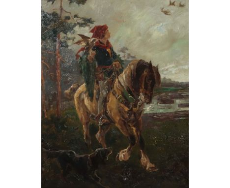 Klein, FritzStuttgart 1882 - 1953, deutscher Maler und Grafiker, Schüler von R. Collin. "Falkner", hoch zu Ross, davor ein Ja