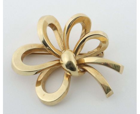 Vintage SchleifenbroscheGelbgold 585, ajour gearbeitete Brosche aus fünf Schlaufen sowie zwei unterseitigen Bändern durch ein