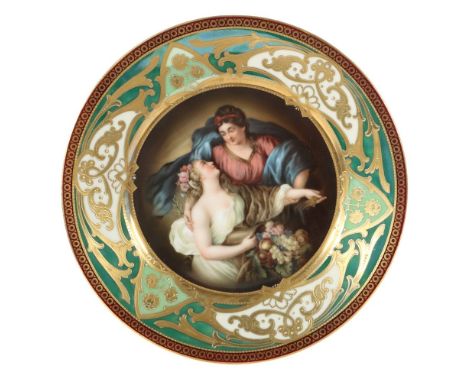 Zier-/Wandteller mit Portrait20. Jh., Porzellan, glasiert, mit polychromem Druckdekor, part. weiß gehöht, im Spiegel eine all