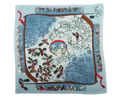 Hermès-KaschmirtuchParis, 1980er/90er Jahre, "Neige d'Antan", Entwurf von Caty Latham, polychrome Winterdekore auf hellblauem
