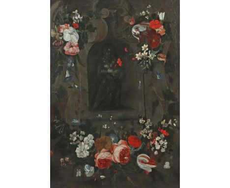 Maler des 18./19. Jh."Madonnenskulptur in Blumenkartusche", im Zentrum Maria mit Jesusknaben auf dem Arm in einer Nische plat