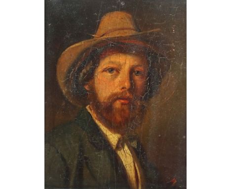 Lauchert, RichardSigmaringen 1823 - 1868 Berlin, deutscher Maler. "Portrait Hermann Volz", Brustbildnis des Malers mit Hut, r